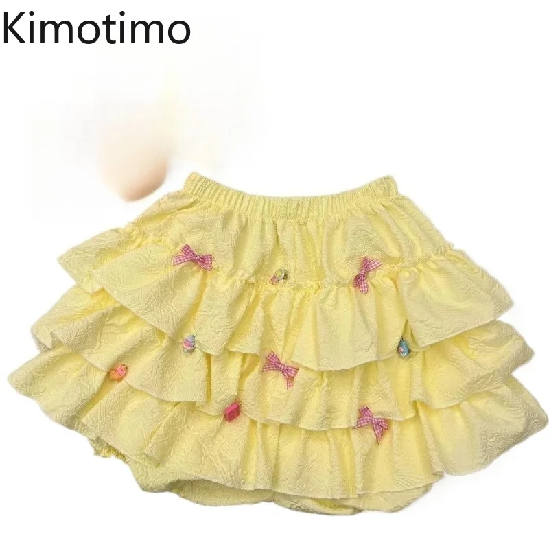 Kimotimo-falda de pastel esponjosa de color amarillo leche para mujer, minifaldas acampanadas con volantes en capas y cintura elástica, falda coreana dulce Y2k, verano 2025
