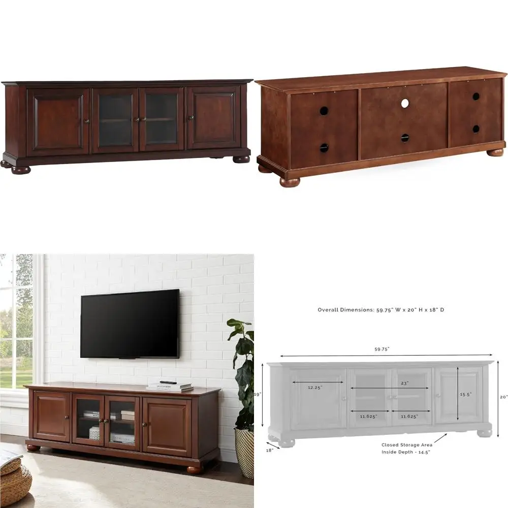 Vintage Mahogany 65 TV Stand - Crosley Furniture Low Profile Entertainment Center with Storage Shelves