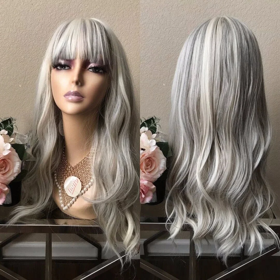 Long Grey White Platinum Balayage Wavy Synthetic Hair  With Bangs Cosplay Wig