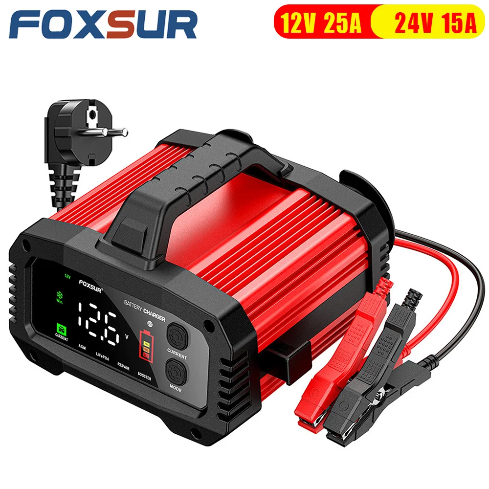 25A Car Battery Charger for 12V 24V Lead Acid Battery, Automotive Motorcycle LiFePO4 Battery Automatic Repair Maintainer Booster