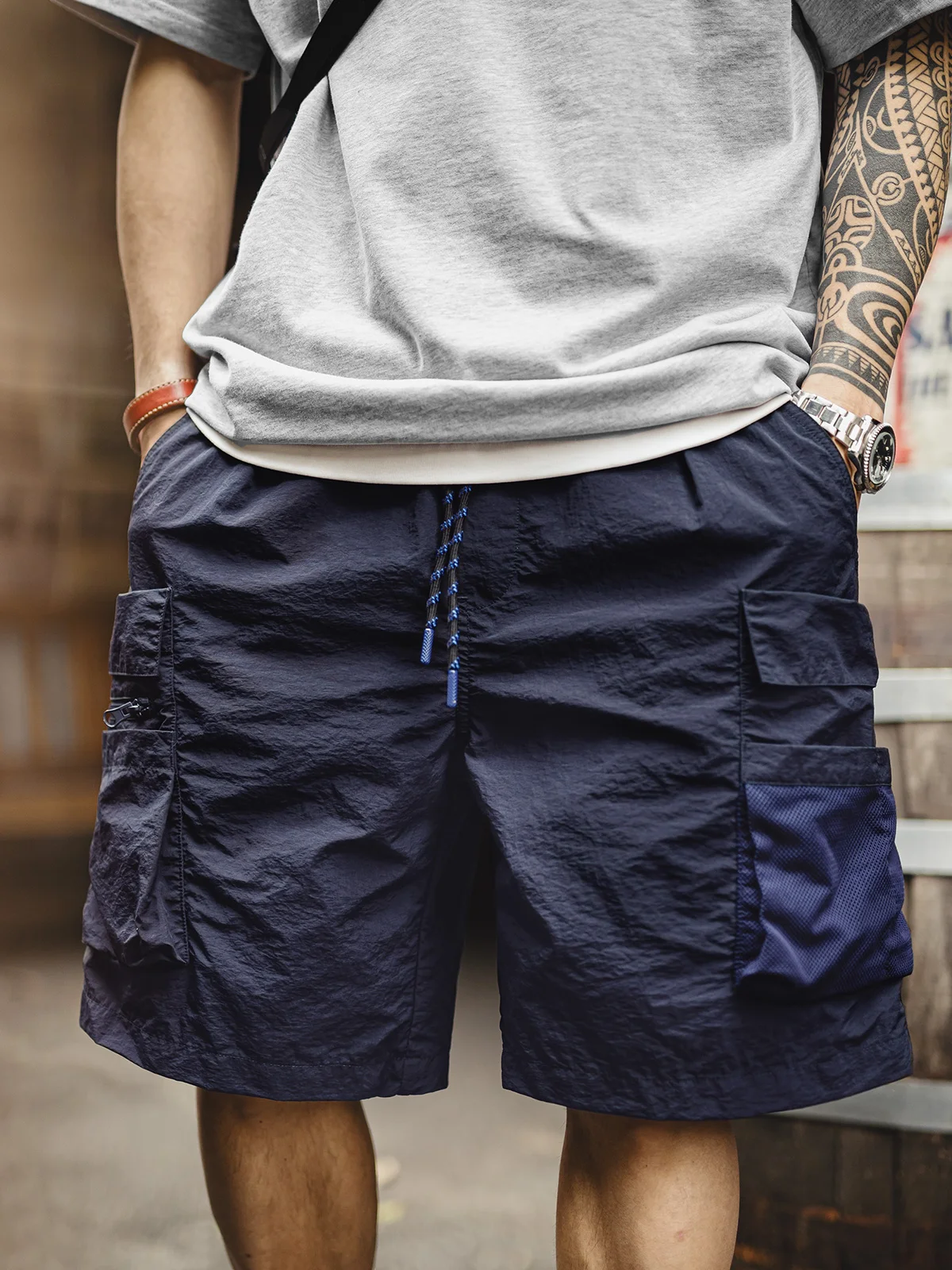 

Maden American Sle Multi-ket orts Qui Dry Lightweight Outdoor Men's Five-Quarter Dstring Casual Pants Summer