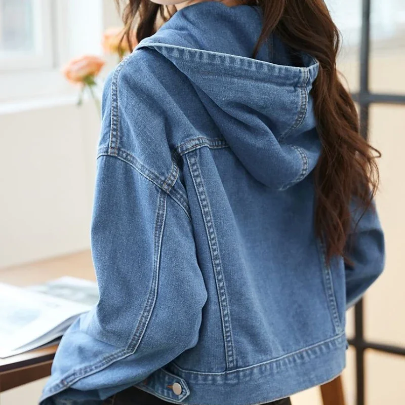 Crop Hooded Small Women\'s Denim Jackets Outerwears Female Jeans Coat Spring Autumn Plain Blue Short On Offer With Elegant Classy