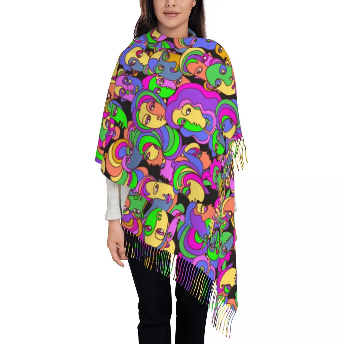 

Futuristic People Portraits In Psychedelic Women's Tassel Shawl Scarf Fashion Scarf