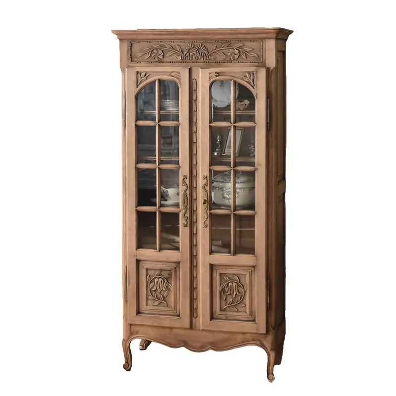 

French retro solid wood bookcase villa living room old carved storage display cabinet American light luxury locker side cabinet