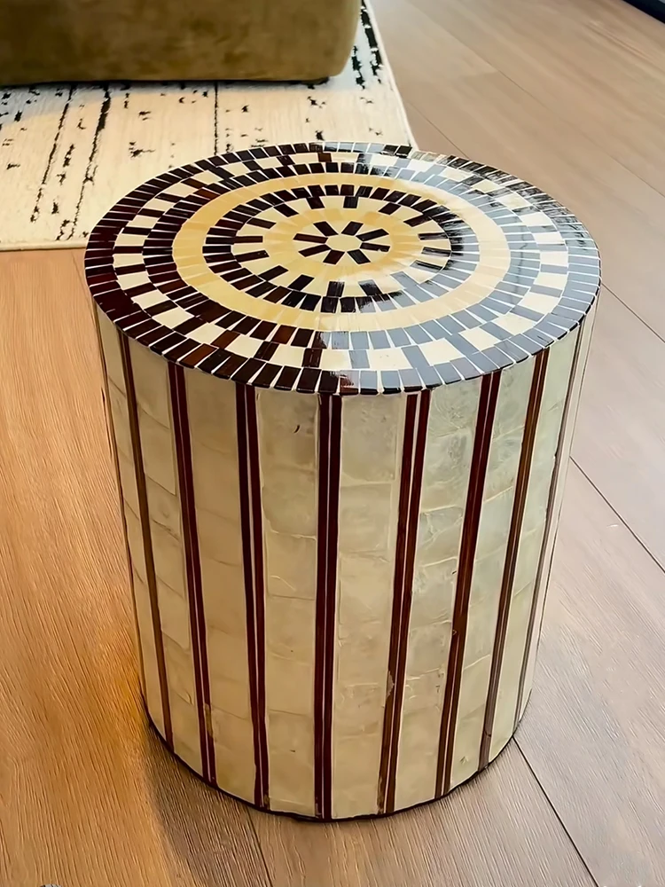 Furniture Handmade Shell Vertical Stripe Round Coffee Table Luxury Home Living Room Sofa Corner Tables Balcony Seating Pier Seat