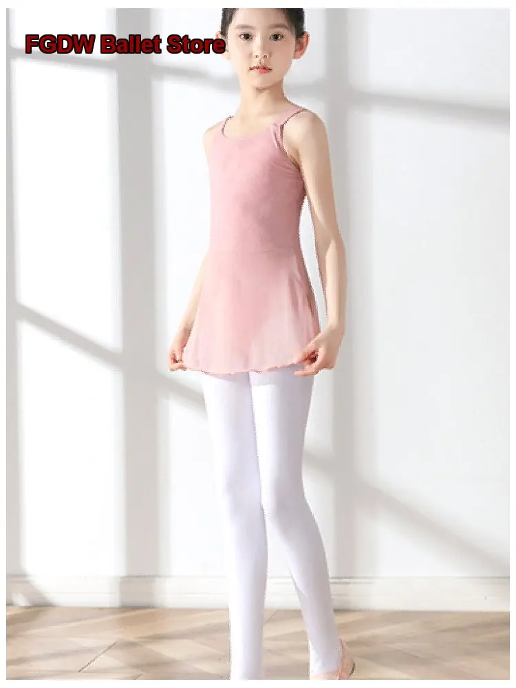 Children's Girls Dance Dress Spaghetti Strap Practice Leotard Preschool Chinese Performance Costume Mesh One-Piece Dance Tutu