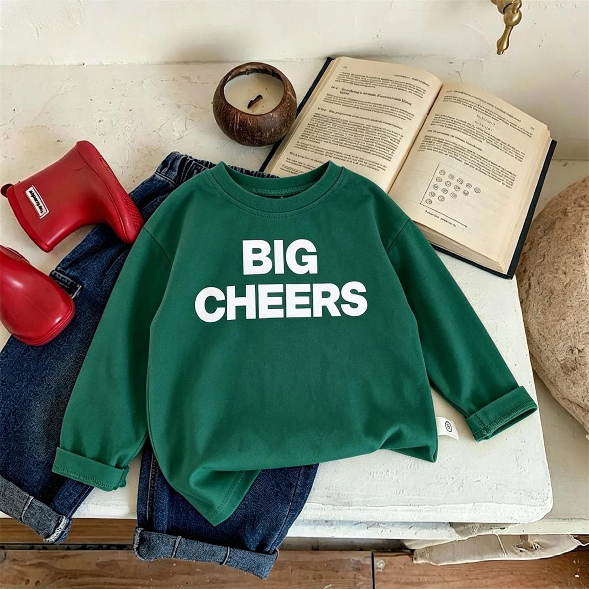 Solid Color Printed Letters Baby Boys Long Sleeve T-shirt Tops Spring Fall Clothing Simple Versatile Children Bottoming Shirts