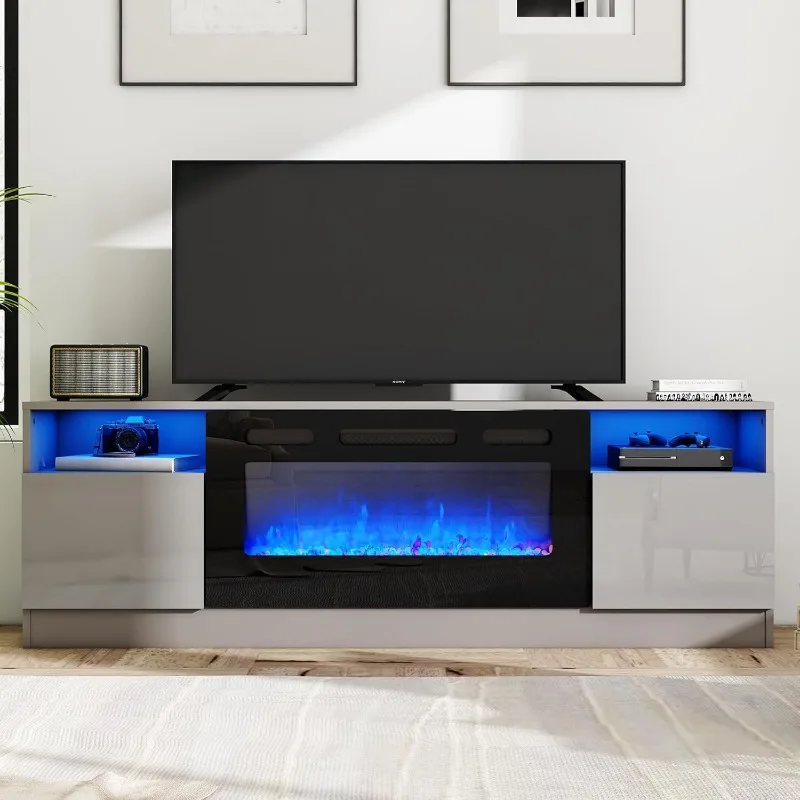 

TV Stand with Fireplace, LED Light Entertainment Center with 36" Electric Fireplace, 70" Modern Wood Entertainment Stand