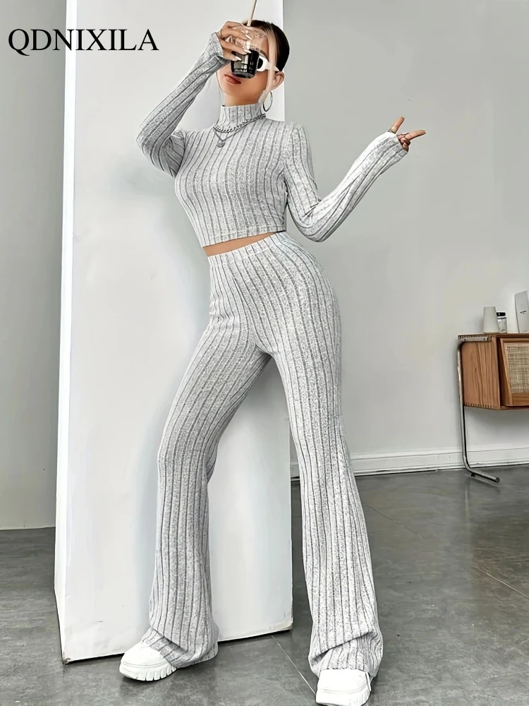 Autumn New Elegant Women\'s Sets 2024 Korean Fashion Turtleneck Pullover Hight Waist Casual Knit Pants 2 Piece Sets Women Outfit