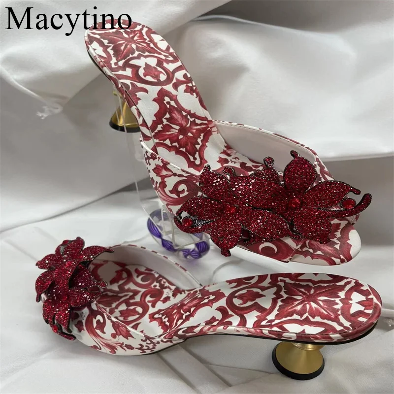 2024 New Arrival Beaded Flower Decoration Ladies Slippers Strange Heel Lady Shoes Open Toe Slip-on Outwear Slides For Girls