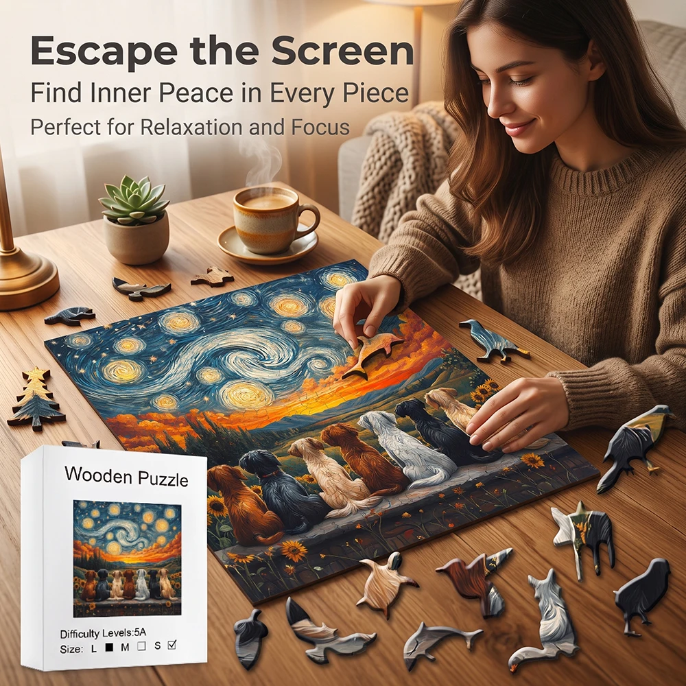 Starry Sky Dogs Wooden Jigsaw Puzzle, Van Gogh‑Style Irregular Unique Animal‑Shaped Pieces, Adult DIY Stress‑Relief Wood Puzzle Game, Classic Art Puzzle, Home Wall Art Decor, Ideal Birthday Holiday Gift for Puzzle Lovers