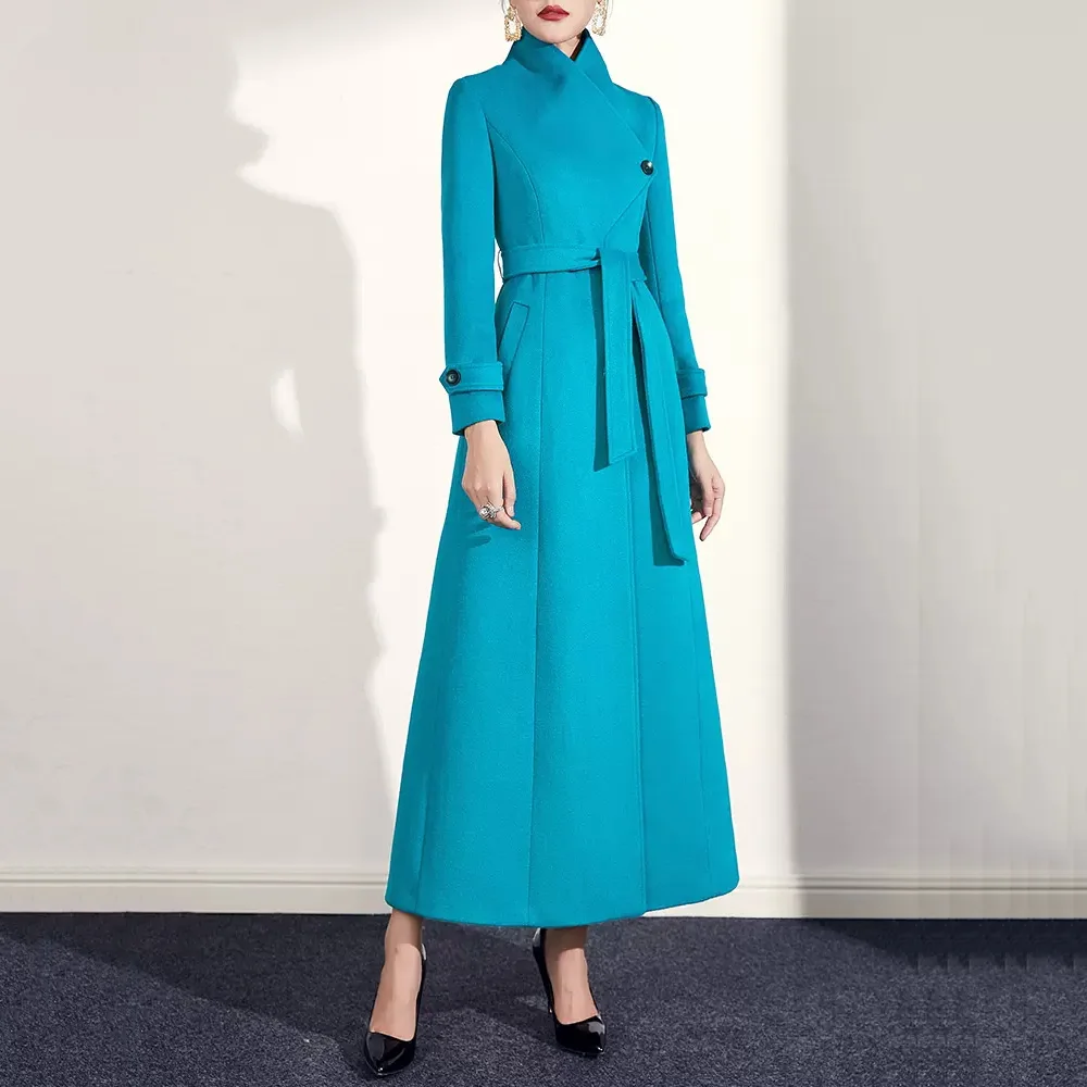 

New Women Autumn Winter Lake Blue Wool Overcoat Elegant Fashion Stand Collar Slim Waist Wool Blended Coat Overlength Outerwear