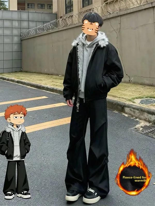 

Bla Fce Lined American Sle Wide Leg Pants Men's Trendy Loose Straight Floor Length Cleanfit Long Trousers Casual Youth...