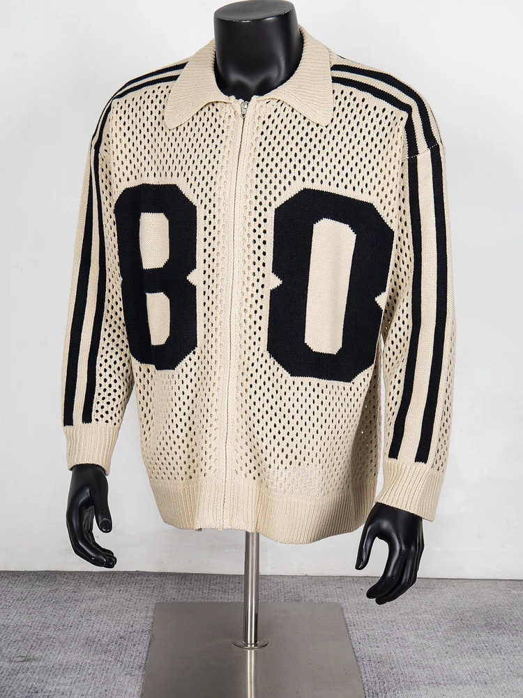 Oversize Männer Frauen Casual Gestreiften Zipper Pullover Schwarz Apricot Mantel Mit Tag Klassische Logo Jacquard Saint Hohl Gestrickte Pullover