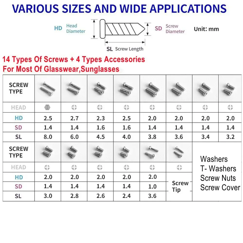 Il kit di strumenti per la riparazione di occhiali da 18 tipi in 1 in scatola include viti, dadi, rondelle, tappi distanziatori, riparazione di precisione