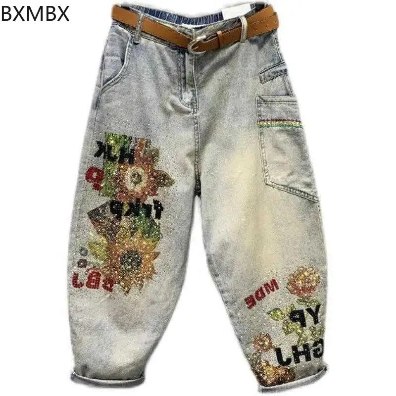 2025 summer large size heavy industry hot diamond printing loose and thin old washed elastic waist jeans women