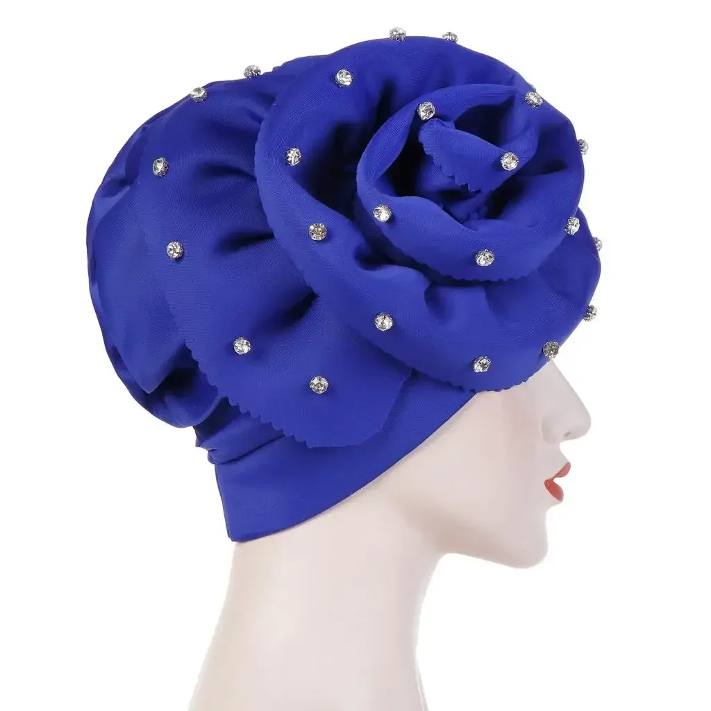 Indian Big Flower Turbans for Diamonda Women Muslim Chemo Cap Head Wrap African Hat Femme Bandana Party Wedding Hair Accessories