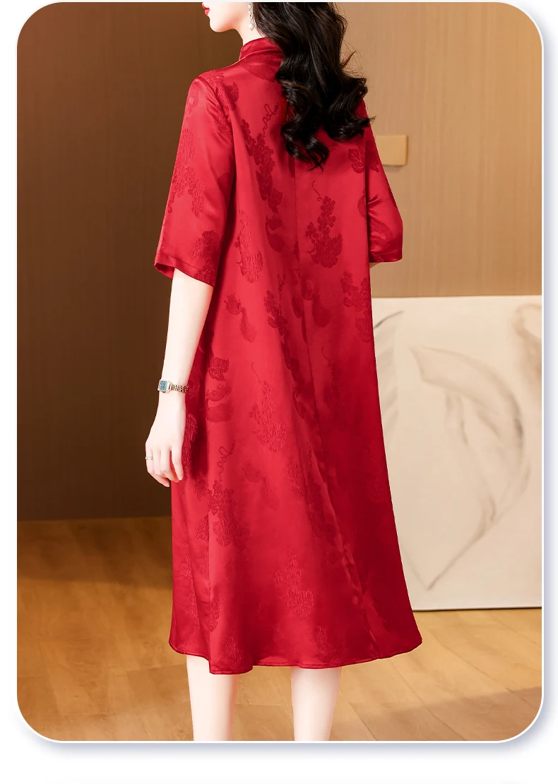 2024 Summer New Red Silk O-neck Short sleeved Dress for Women's Moms Loose Large Size Knee length Cheongsam Long Dress