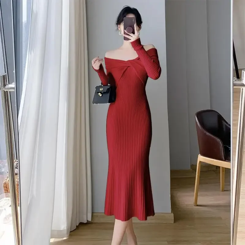 가을 슬래시 목 오프 어깨 니트 Bodycon 복장 여성 의류 한국어 스타일 세련된 우아한 니트 저녁 파티 드레스 숙녀
