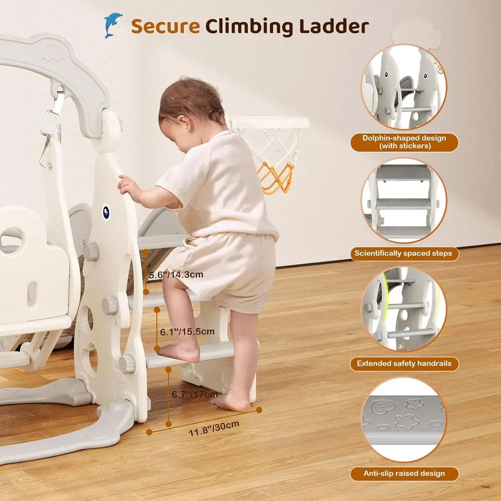 Centro de jogos infantil 4 em 1: escorregador, balanço, basquete e armazenamento, idades de 1 a 3 anos, interno/externo (cinza)