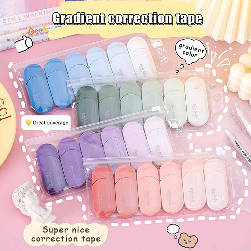 6Pcs Creative Gradient Color Correction Tapes Office Supplies Simple High-capacity Correction Tape Student Stationery Gifts