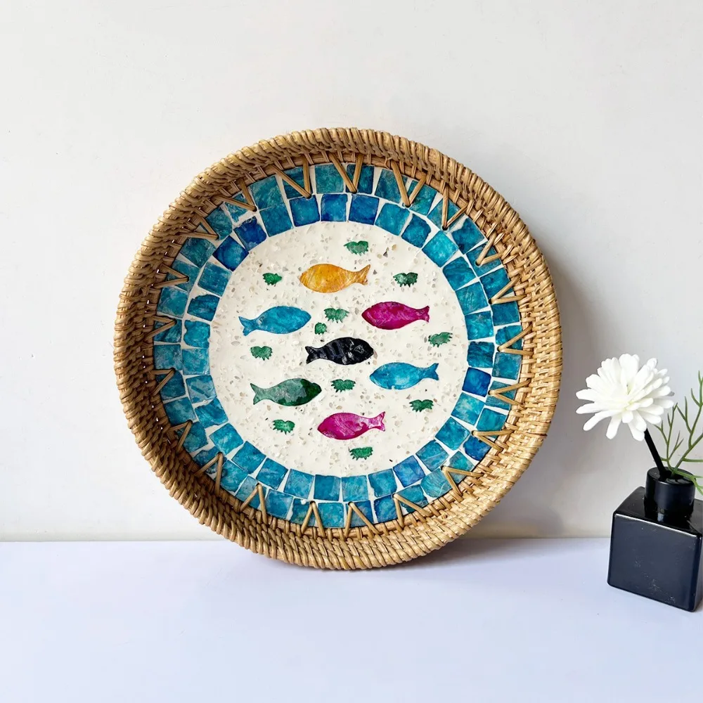 Creative Gift Shell Mosaic Round Woven Tray Handmade Decorative Rattan Serving Tray Home Decor Table Centerpiece