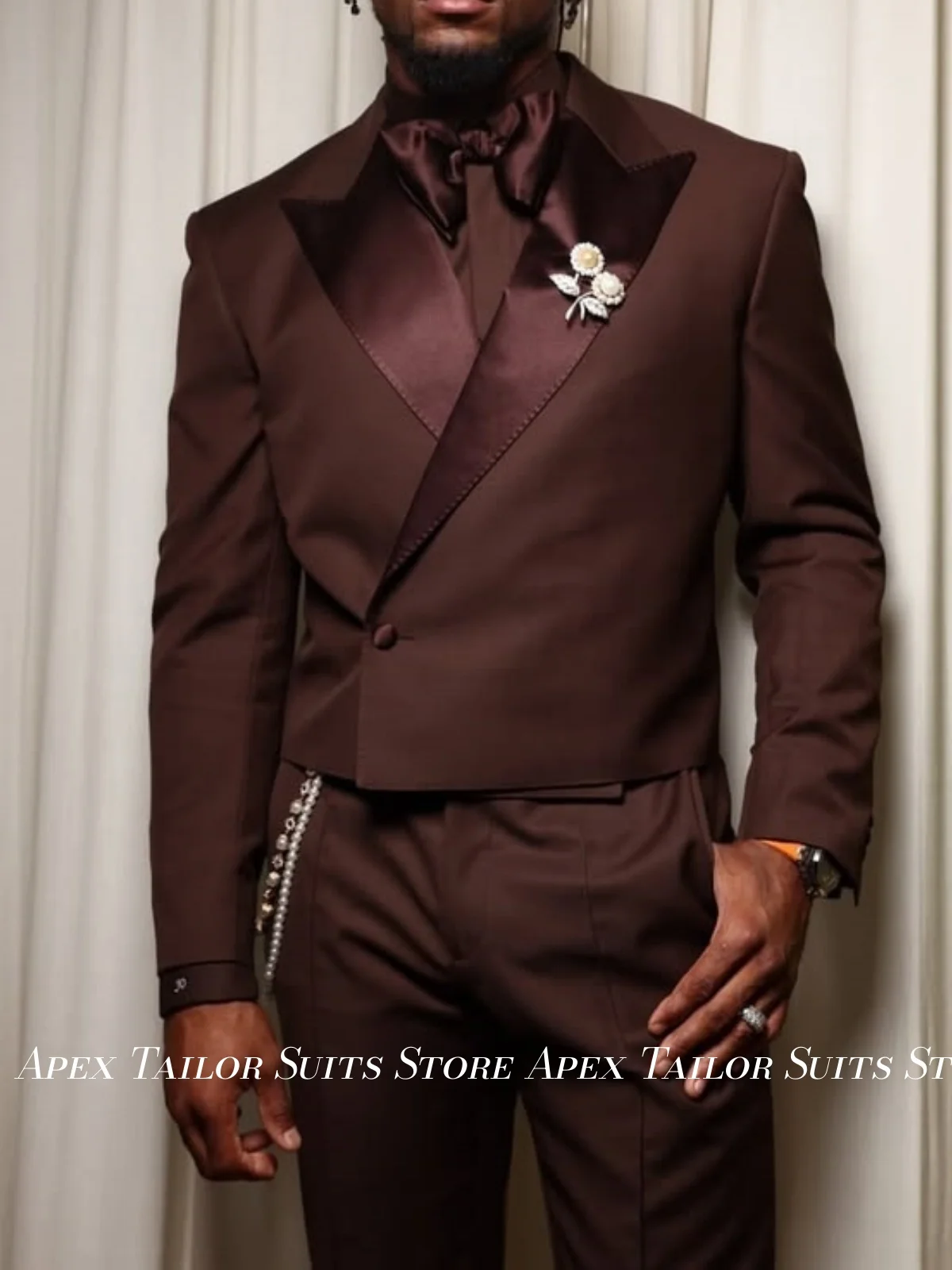 Brown Men 2 Piece Tuxedo Satin Peak Lapel One Button Blazer Slim Fit Suit Pants Wedding Groom Prom Party Formal Suit Custom Made