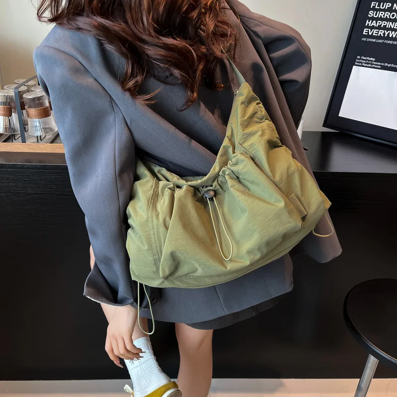 Korean Style Lightweight Nylon Crossbody Bag With Drawstring Detail, Sporty Casual Versatile Women's Shoulder Bag For Girls