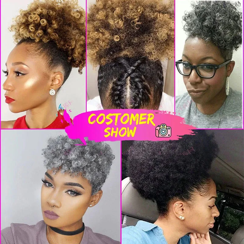 Wig keriting ikal Afro pendek sintetis rambut manusia ekor kuda keriting Kinky Brasil alami untuk rambut puff afro gadis wanita hitam