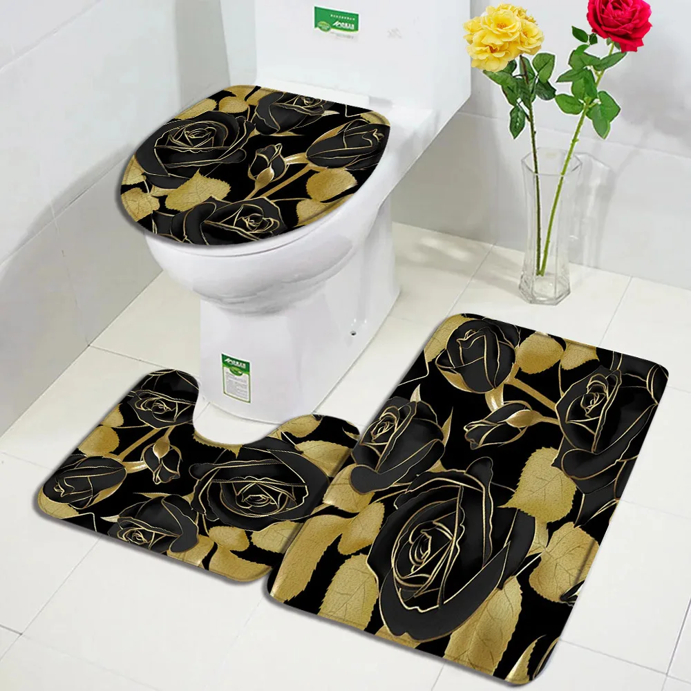 Tropical Plant Bath Mat Set Gold Black Leaves Monstera Palm Leaf Modern Home Carpet Bathroom Decor Non-Slip Rug Toilet Lid Cover