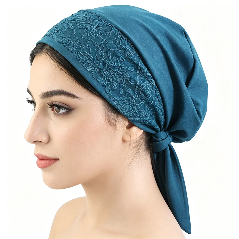 Neue Spitzenaccessoires, langes Kopftuch, muslimische Damen, elegante, atmungsaktive Turbanmütze, elastische Bonnet-Kappe