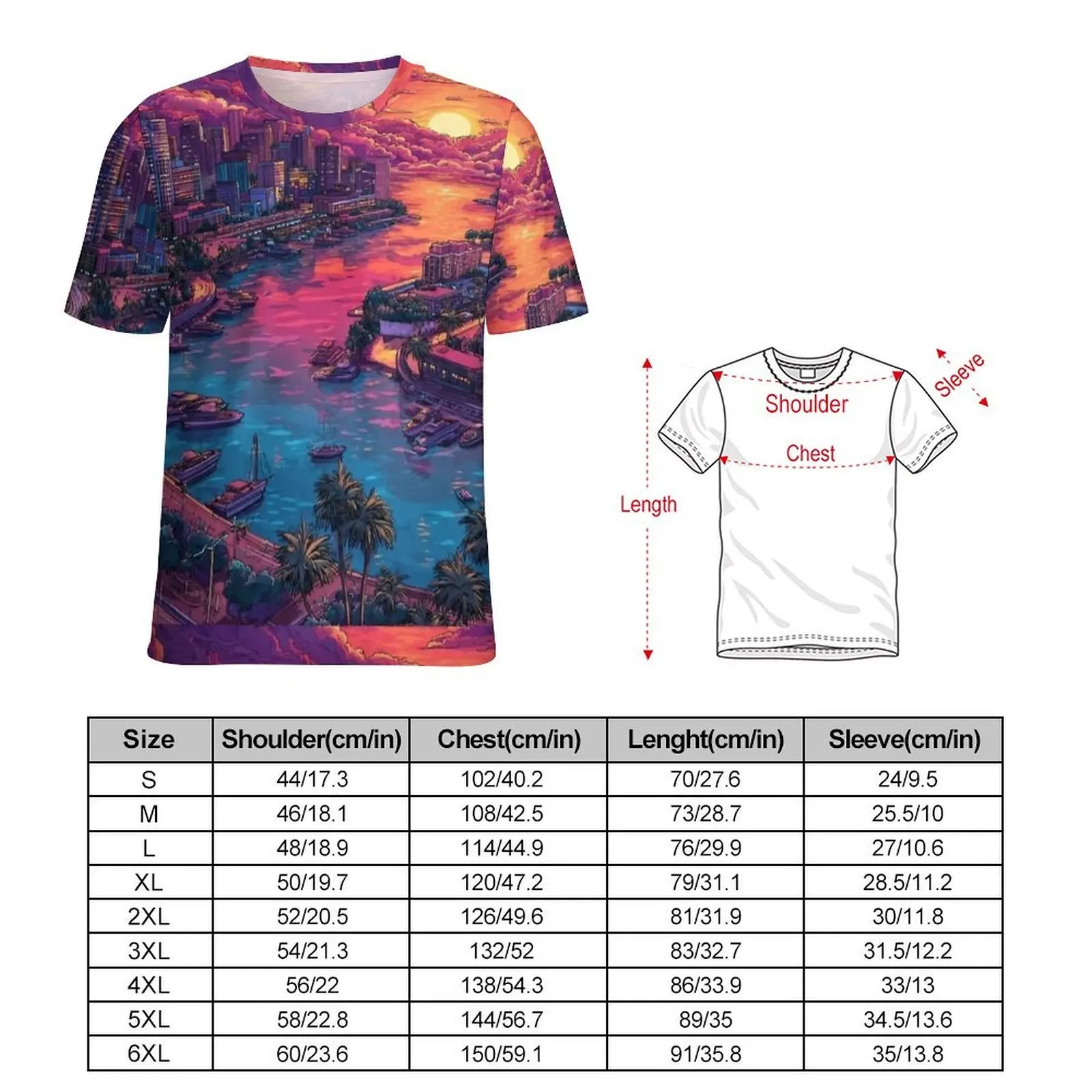 Miami Sunset Anime Print T Shirt  Harajuku T-Shirts Male Streetwear Tshirt Summer Short-Sleeve Design Top Tees Large Size