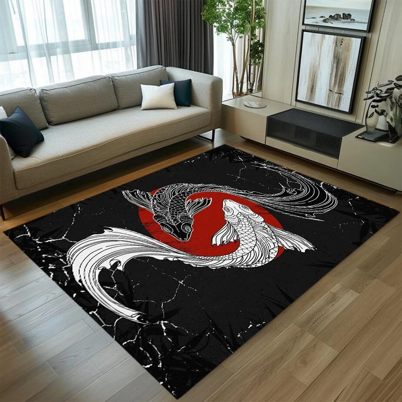 Koi Fish Yin Yang Pattern Area Rug Oriental Carpet Non-slip Floor Mat Home Living Room Bedroom Traditional Style Home Decoration