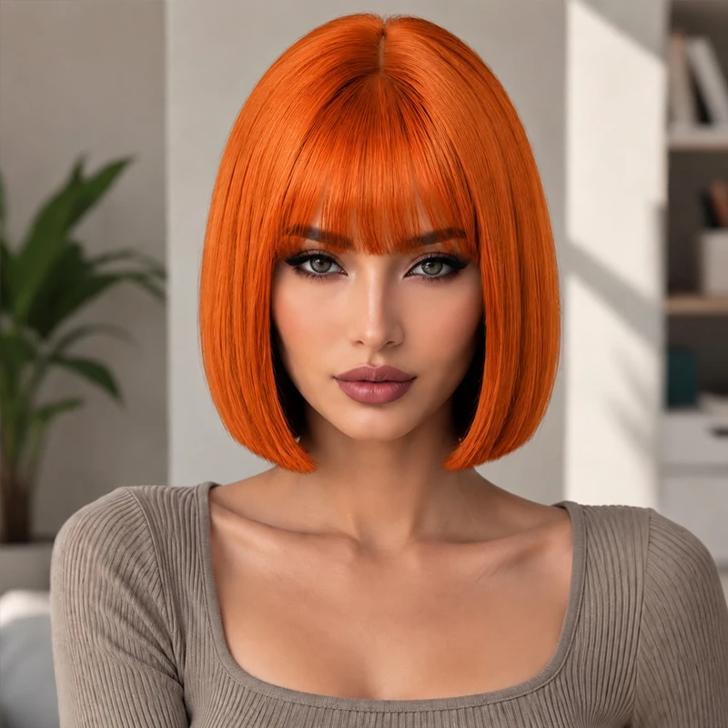 Orange 12-inch bangs wig, comfortable, breathable, stylish and fluffy, suitable for all women.