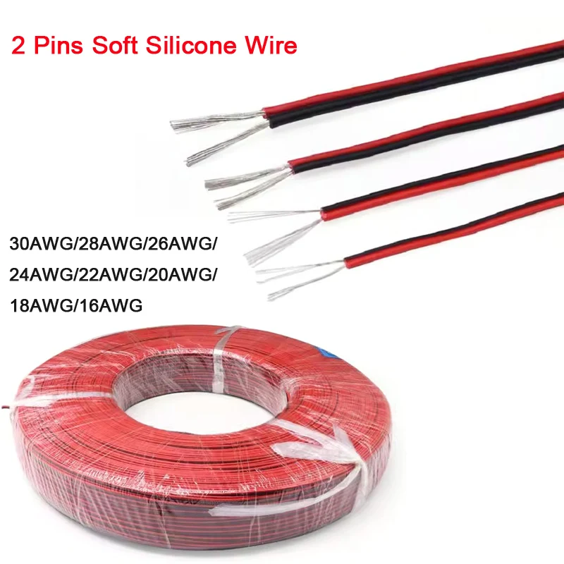 2468 2 Pins Black Red Silicone Cable 30awg 28 26 24 22 20 18 16awg Environment-friendly Flame Retardant Power Copper Wire