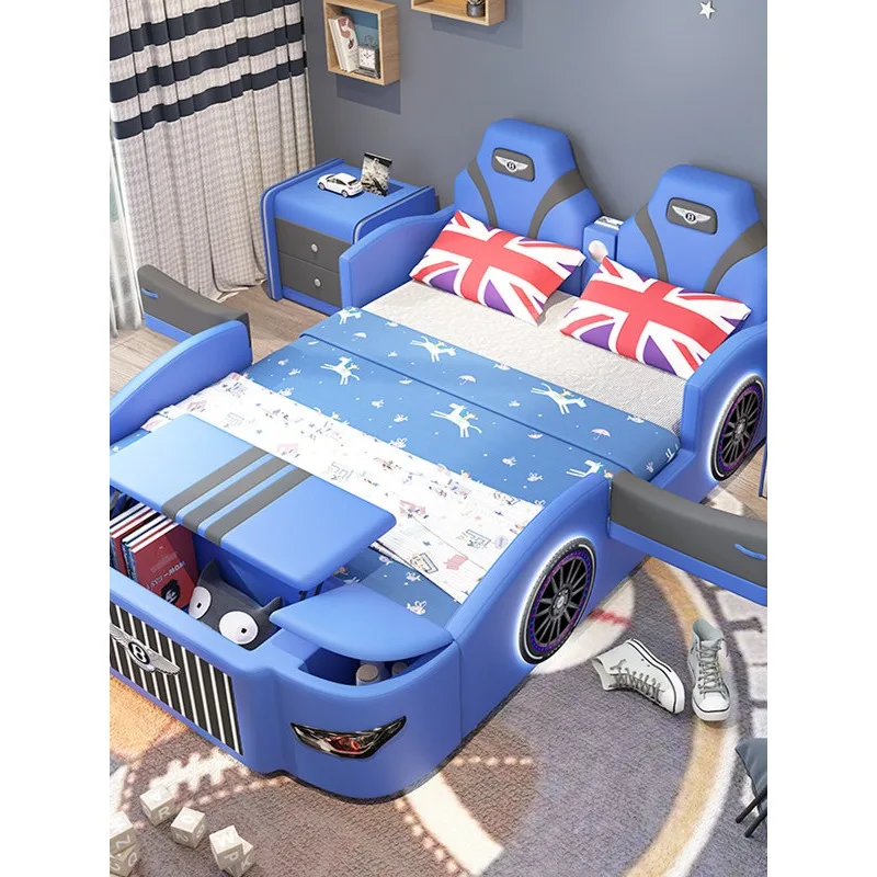 Children's bed Boy car bed 1.5 Single bed 1.2 Multifunctional cartoon car shape Solid wood leather  with guardrail