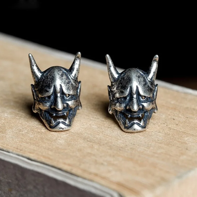 Vintage Ghost Hannya Mask Stud Earrings for Men Women Silver Color Punk Skull Ear Studs Unisex Gothic Party Jewelry Accessories