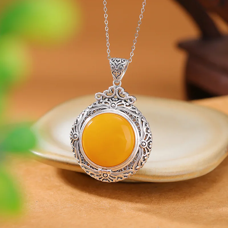 

S925 Sterling Amber Cloisonné Hollow Sachet Gawu Box Silver Pendant