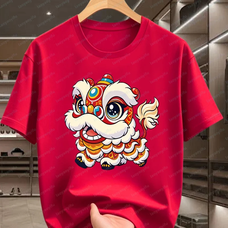 Herren-T-Shirt aus Baumwolle im chinesischen Stil mit Cartoon-Löwentanz-Grafik, kurzärmelig, O-Ausschnitt, bedruckte Oberteile, festliche kulturelle Freizeitkleidung