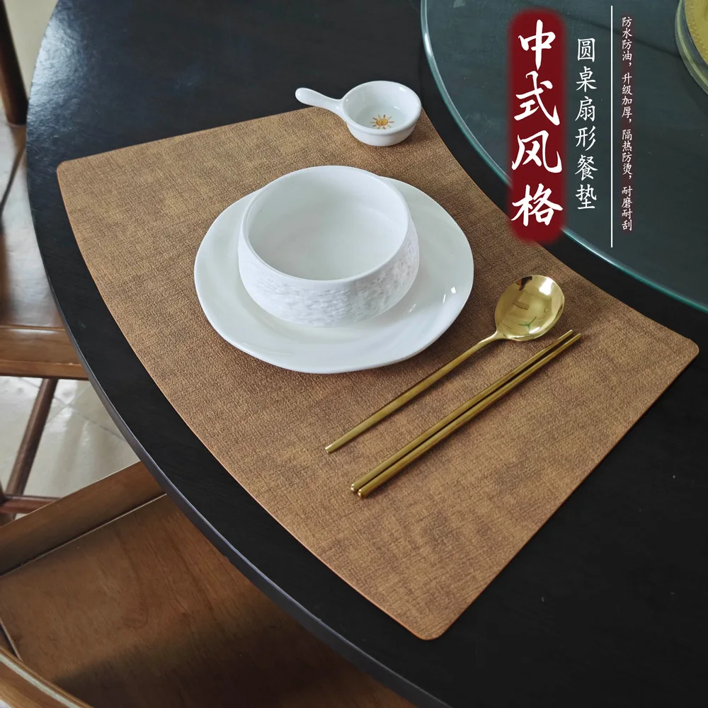 Fan-Shaped PVC Leather Textured Placemat Waterproof Oil-Proof Heat-Resistant Table Mats Chinese Hotel Round Tables Luxury Dining