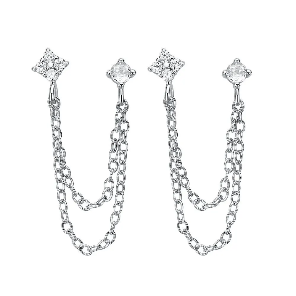 2PCS Delicate Tassel Chains Double Piercing Stud Earrings for Women Cubic Zircons Hanging on Ears Drop Cartilage Fashion Jewelry