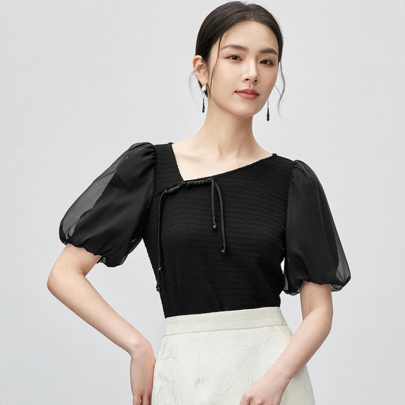 

SENTUBILA New Chinese Style Mesh Spliced Knitted Pullovers 2024 Summer Irregular Skew Collar Short Sleeve Tops Woman 142H54590