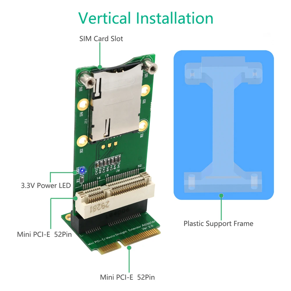 Network Card Mini PCIE Network Adapter Riser Card Vertical Mount for 3G 4G WWAN LTE GPS Network Module SIM Card Slot for Desktop