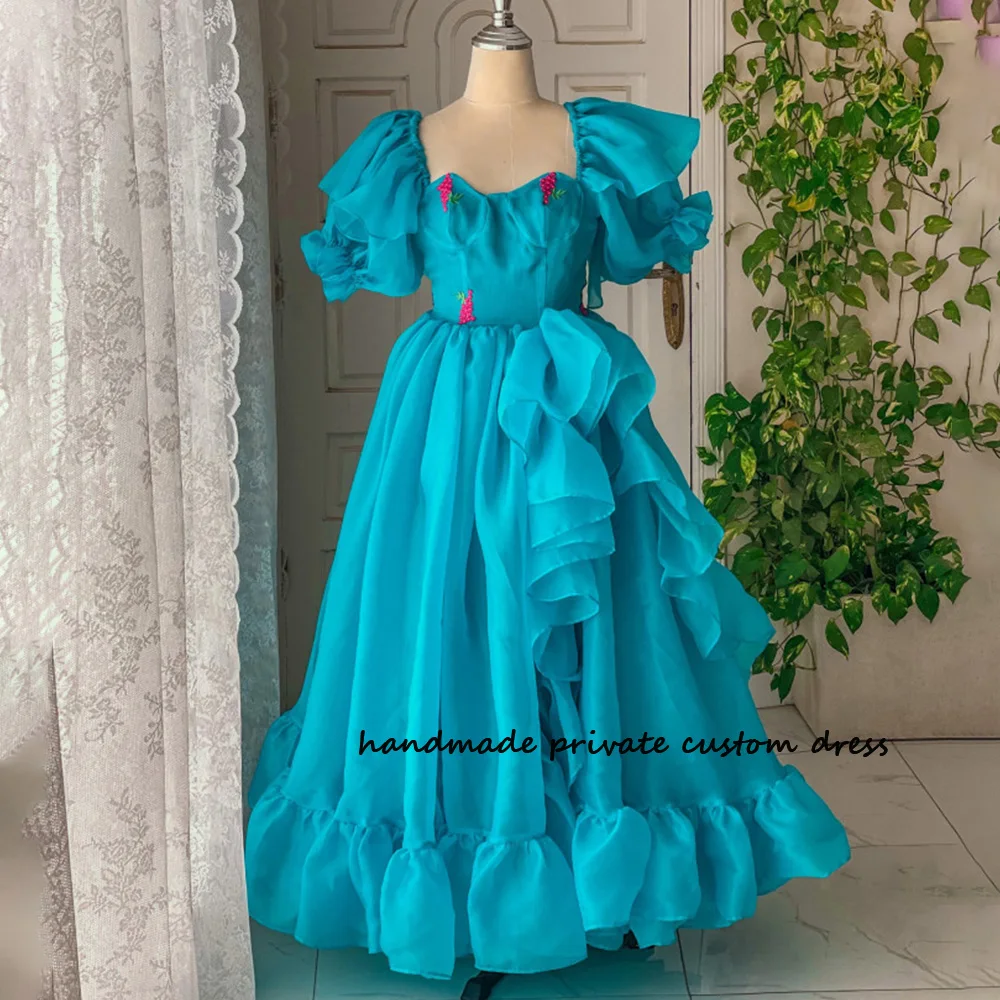 

Blue Ruched Organza A Line Princess Evening Party Dresses Short Sleeve Side Split Fairy Homecoming Prom Dress Sweetheart