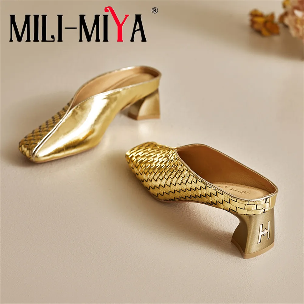 

MILI-MIYA Women's Square-Toe Metallic Color Cow Leather Casual High-Heel Slip-On Shoes With Square Heels Plus Size Pumps