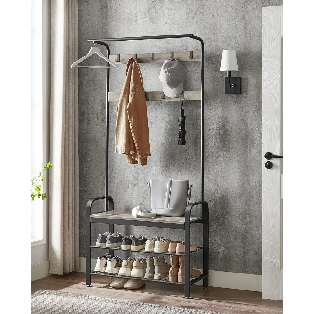 Coat hanger, entryway bench with coat rack, 4-in-1 with 9 detachable hooks, grey and black hanger