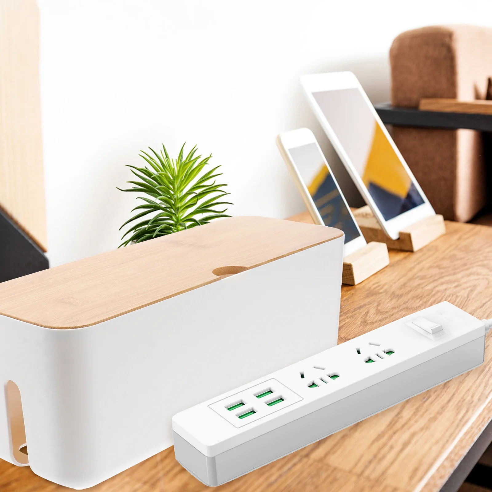 

White Cable Management Box Plastic Storage Case with Wooden Cover for Power Strip Cord Organizer Household Wire Container Cable
