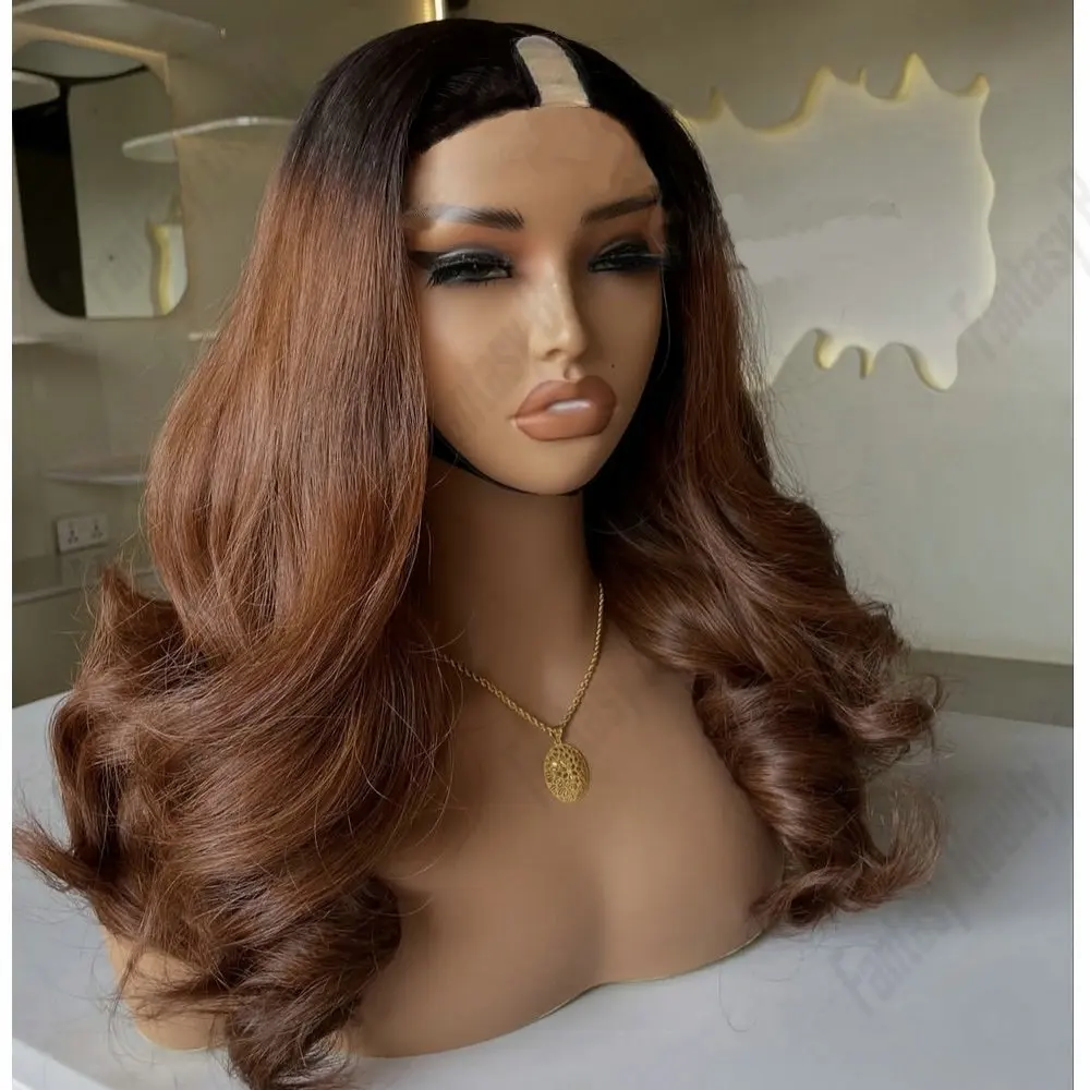 

100% натуральные волосы Remy, светло-каштановый омбре, парик U-образной формы 1x4 для чернокожих женщин, свободные кудри, регулируемый парик V-образной формы с заколками