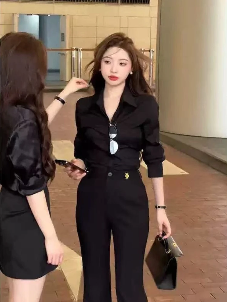Womens Korean Elegant Polo Lapel Long Sleeve Blouse Autumn New Minimalist Professional Black Work Top