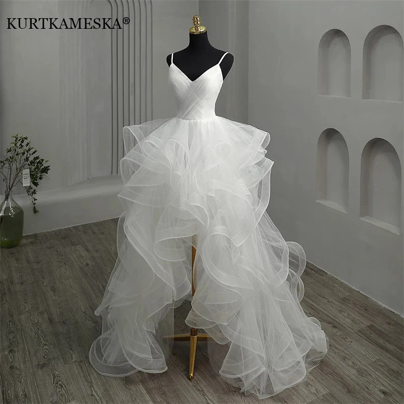 

Luxury Short Front Long Back White Wedding Dresses V Neck Spaghetti Straps Bridal Gowns Layered Structure Dresses Sweet Dress